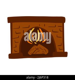 Fireplace with burning wood in the Doodle style. Symbol of warmth and cozy home. A simple drawing is drawn by hand. Hygge. Isolated on white. Color ve Stock Vector