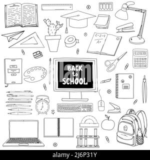 A set of design elements on the theme Back to school, online education. Collection of stationery and school supplies in Doodle style. Hand drawn and i Stock Vector