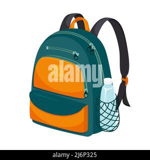 School or sports backpack in Falt style. With zippered pockets and a water bottle pocket. Briefcase for textbooks. Color vector illustration. Hand dra Stock Vector