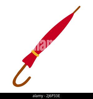 Closed umbrella-cane. Accessory for rainy autumn weather. Cozy autumn. Hand drawn and isolated on a white background. Color vector illustration. Doodl Stock Vector