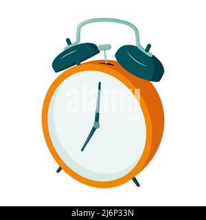 Retro alarm clock with a hammer, 7 o'clock. Drawn in perspective. Time to Wake up for school and work. The icon with the clock. Isolated on a white ba Stock Vector