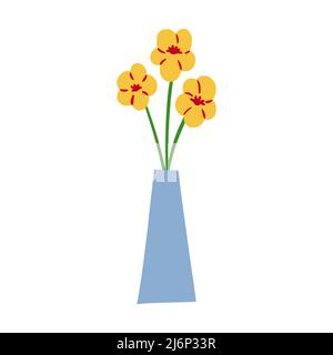 Yellow flowers in a vase. Symbol of home comfort. Hygge. A simple drawing is drawn by hand. Isolated on a white background. Color vector illustration Stock Vector