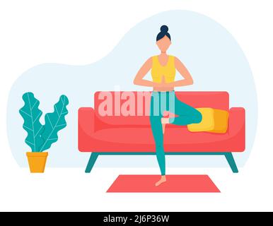 The girl practices yoga at home. The concept of yoga classes at home. A woman in the pose of G. yoga Practice.Healthy lifestyle. Female cartoon charac Stock Vector