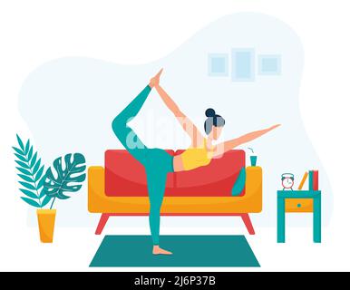 The girl practices yoga at home. The concept of yoga classes at home. Practice yoga in the living room. Flat. Healthy lifestyle. Female character on t Stock Vector