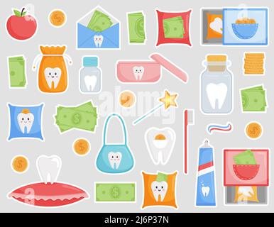 Set of stickers on the theme of tooth loss and children's dentistry. Bags, boxes, jars for the tooth fairy. Money, coins for a lost tooth. The design Stock Vector