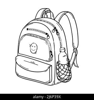 Closed School or sports backpack in Doodle style. With zippered pockets and a water bottle pocket. Briefcase for textbooks. Black-white vector illustr Stock Vector