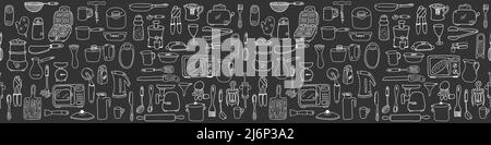 Seamless border with elements of kitchen utensils, utensils and appliances. Black-white background for menu design,brochures, web pages.Doodle illustr Stock Vector