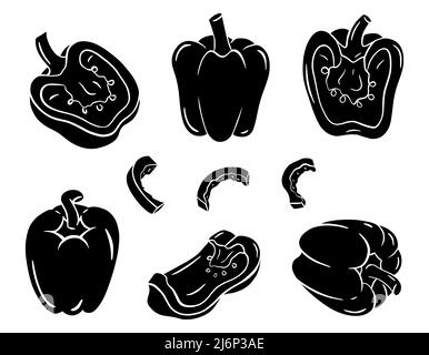 A set of sweet pepper silhouettes in an outline style. A fresh vegetable is drawn by hand,isolated on white.Collection of icons for food packaging des Stock Vector