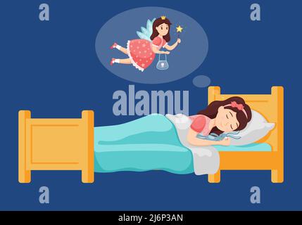 A cute little girl sleeps in bed and holds a fallen tooth in her hand and has a dream about the Princess tooth fairy. Sleeping hugging a toy. Vector i Stock Vector
