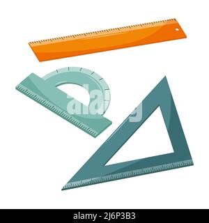 A set of school lines. Ruler, corner, and protractor. Office supplies for drawing work. School supplies. Color vector illustration. Flat style. Hand - Stock Vector