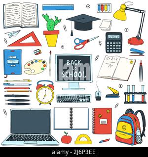 A set of design elements on the theme Back to school, online education. Collection of stationery and school supplies in Doodle style. Hand drawn and i Stock Vector
