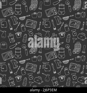 Seamless pattern with elements of kitchen utensils, utensils and appliances. Black-white background for menu design,brochures, web pages.Doodle illust Stock Vector