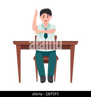 A schoolboy is sitting at a Desk. The student boy raised his hand to answer. The child smiles. School lesson. Elements are isolated on a white backgro Stock Vector