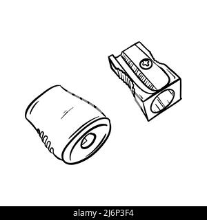 Sketch of pencil sharpeners. Stationery, office supplies for school children and artists. Engraving style. Digital drawing. Hand drawn and isolated on Stock Vector