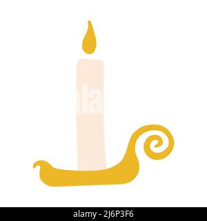 A wax candle in a Doodle-style candlestick. A simple, cute hand-drawn drawing. Hygge, a cozy home, comfort environment. Isolated on a white background Stock Vector