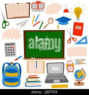 A set of elements on a school theme. Office supplies, backpack, alarm clock, school Board. Doodle flat style. Hand-drawn and isolated on a white backg Stock Vector