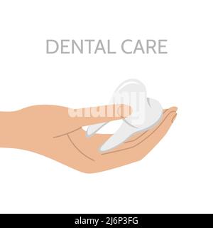 A healthy human tooth is in your hand. Symbol of dental care, oral health. Design element on the theme of dentistry, a healthy lifestyle.Flat style, i Stock Vector