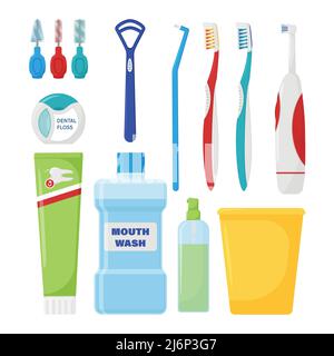 The set of items for daily hygiene of the oral cavity. Dental care supplies. Healthy lifestyle. Morning routine. A collection of flat-style elements i Stock Vector