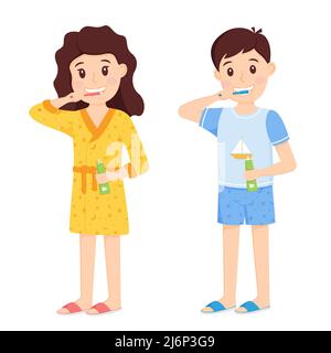 Children a boy and a girl brush their teeth in home clothes. Morning routine, taking care of dental health. Cute cartoon characters. Healthy lifestyle Stock Vector