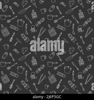 Seamless pattern with elements of kitchen utensils, utensils and appliances. Black-white background for menu design,brochures, web pages.Doodle illust Stock Vector