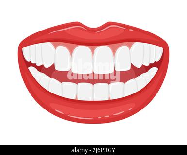 Open mouth with teeth. A snow-white smile. Beautiful lips with even white teeth. Aesthetic dentistry. Advertising a healthy lifestyle and dental care. Stock Vector