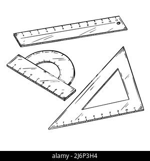 A set of school lines. Ruler, corner, and protractor. Office supplies for drawing work. School supplies. Black and white vector. Sketch style, draft. Stock Vector