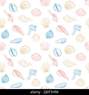 Seamless pattern of seashells. A collection of round and spiral shells in delicate colors. A square pattern of hand-drawn elements. Sketch. Vector ill Stock Vector