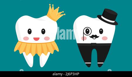 A pair of teeth characters. Cute girl in a skirt and with a crown on her head, boy in trousers and hat. The design elements in funny cartoon style.Ped Stock Vector