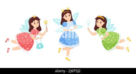 Collection of tooth fairies. Cute cartoon mythical characters with wings. Elf girls hold a tooth or a magic wand in their hands. Children's vector ill Stock Vector