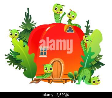 Caterpillars live in an apple house. wildlife object. Little funny insect. Cute cartoon style. isolated on white background. Vector Stock Vector