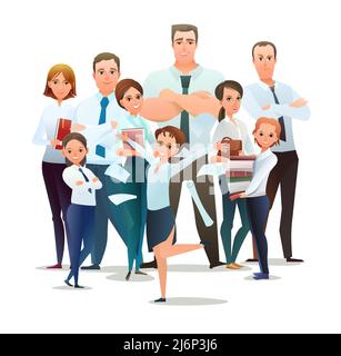 Family of Successful businessman. Cheerful persons in standing pose. Ma and women with kids in business shirt tie. Cartoon comic style flat design Stock Vector