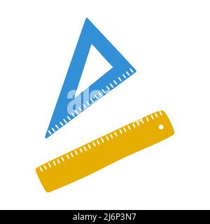 School ruler, triangle. Office supplies for measuring and drawing straight lines. A simple drawing is drawn by hand. Isolated on a white background. C Stock Vector