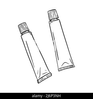 Metal tubes for paint, toothpaste, or glue. Engraving style. Digital drawing. Hand drawn and isolated on white. Black and white vector illustration Stock Vector