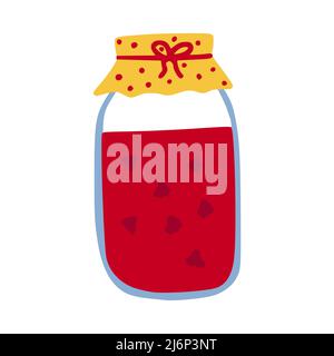 Raspberry jam in a jar. Preparations for the winter. A hug, a cozy home, comfort. Hand drawn and isolated on a white background. Color vector illustra Stock Vector