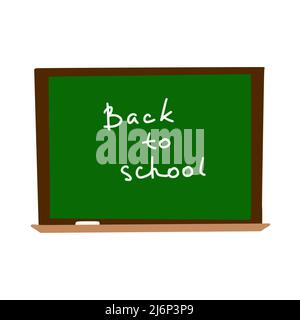 Blackboard with chalk and handwritten message back to school. A simple drawing is drawn by hand. Isolated on a white background. Color vector illustra Stock Vector