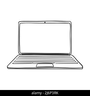 The sketch notebook.An open laptop with an empty space for text on the screen. Front view. Engraving style. Electronic device. Hand drawn and isolated Stock Vector