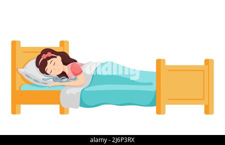 A cute little girl is sleeping in a bed under a blanket. A beautiful child is sleeping with a Teddy bear in his arms. Rest time. Vector isolated illus Stock Vector