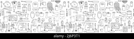 Seamless pattern with elements of kitchen utensils, utensils and appliances. Black-white background for menu design,brochures, web pages. Doodle illus Stock Vector