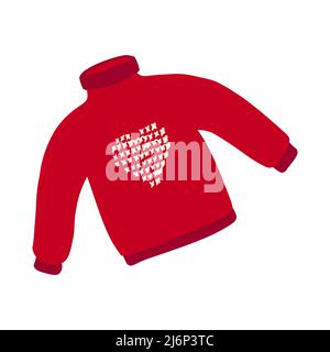 Warm sweater with a Heart pattern. Item of winter and autumn clothing. Red jacket. A simple, cute hand-drawn drawing. Hygge, a cozy home, comfort. Iso Stock Vector