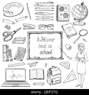 A set of elements in a sketch style on a school theme. Stationery and art supplies. Engraved drawing. Objects are hand-drawn and isolated on a white b Stock Vector