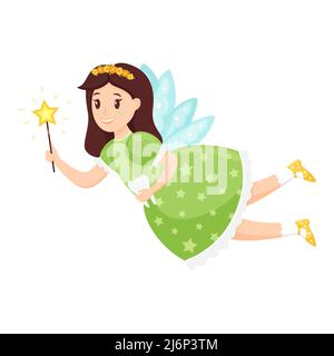 Tooth fairy, Princess with a magic wand and a tooth in her hands flying on wings.Cute cartoon character in a dress is smiling. Vector illustration for Stock Vector