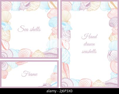 A set of templates, frames for design on the sea, summer theme. Square, horizontal and vertical frames made of seashells. Elements are drawn by hand. Stock Vector