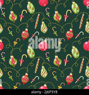 Seamless pattern with Christmas tree toys and candy canes on a dark green background. Great for wrapping paper. Flat objects are isolated and hidden u Stock Vector