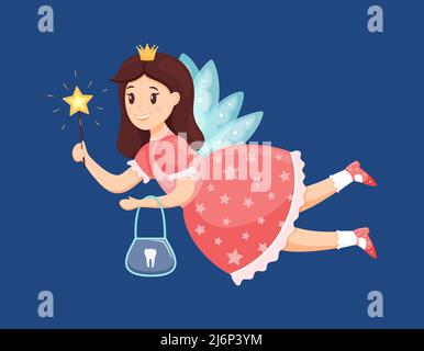 The tooth fairy flies and holds a magic wand and a purse for teeth. Cute little girl Princess is smiling. Cartoon character. Picture for kids. Childre Stock Vector