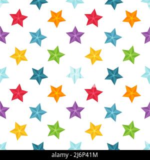 Bright seamless pattern with multi-colored stars on a white background. Great for wrapping paper, gift boxes, fabric. Flat-style objects are isolated Stock Vector