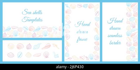 A set of templates for design on the sea, summer theme. Horizontal and vertical frames made of seashells.Seamless border. A collection of hand-drawn e Stock Vector