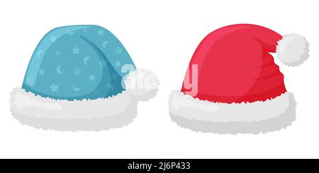 Santa's hat is red and blue with a pattern, fur and a pompom. The winter accessory for the head in flat style isolated on white. Elements of clothing Stock Vector
