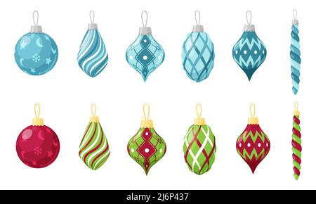A set of Christmas toys in a flat style. Collection of balloons for Christmas tree decoration. Design elements for Christmas cards, flyers, and advert Stock Vector