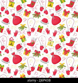 Seamless pattern with bright Christmas elements on a white background. Great for wrapping paper, gift boxes. Flat objects are isolated and hidden unde Stock Vector