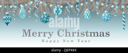 Christmas horizontal banner. Template with white fir branches, Christmas toys, streamers and garlands on a light blue background .Great for flyers, po Stock Vector